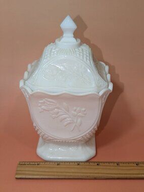 Vintage Milk Glass Candy Dish With Lid Footed Floral